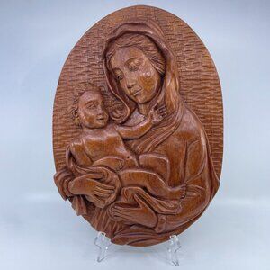 vintage hand carved wooden madonna & child wall plaque religious art teak wood